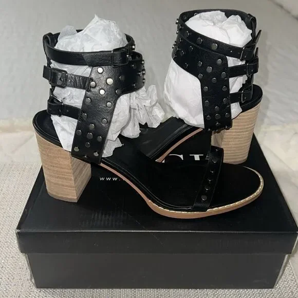 VICI 10 Celeste Black Metallic Studded Block Heel Strappy Multi Buckle Sandal - Picture 4 of 13